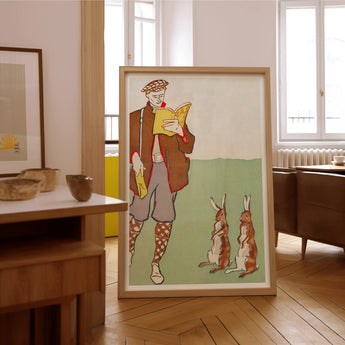 Man Reading a Book with Hares - Edward Penfield Art Print / Canvas Framed Illustration Person Vintage Attire Two Rabbits, Queer Coding