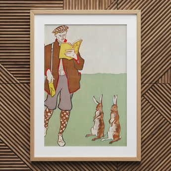Man Reading a Book with Hares - Edward Penfield Art Print / Canvas Framed Illustration Man Vintage Attire Two Rabbits Enclosed Edward