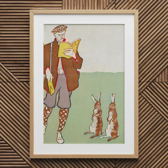 Man Reading a Book with Hares - Edward Penfield Art Print / Canvas Framed Illustration Vintage Attire Two Rabbits Enclosed, Queer Coding