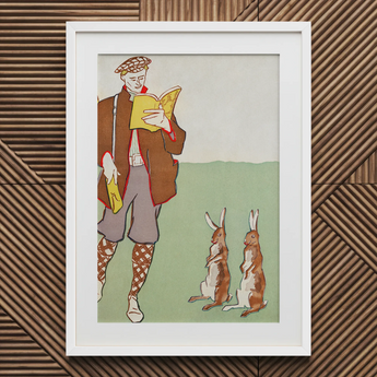 Man Reading a Book with Hares - Edward Penfield Art Print / Canvas Framed Illustration Man Vintage Attire Two Rabbits Rendered Edward