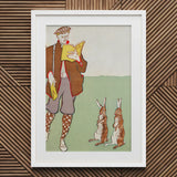 Man Reading a Book with Hares - Edward Penfield Art Print / Canvas Framed Illustration Vintage Attire Two Rabbits Rendered, Queer Coding