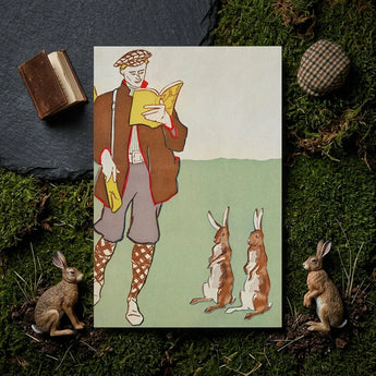 Man Reading a Book with Hares - Edward Penfield Art Print / Canvas Vintage-style Illustrated Card Brown Coat Patterned Hat, Queer Coding