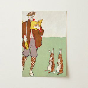 Man Reading a Book with Hares - Edward Penfield Art Print / Canvas Vintage-style Illustrated Postcard Brown Coat Patterned Socks, Queer