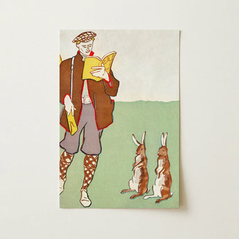 Man Reading a Book with Hares - Edward Penfield Art Print / Canvas Vintage-style Illustrated Postcard Man Brown Coat Patterned Socks Edward