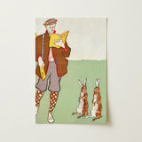 Man Reading a Book with Hares - Edward Penfield Art Print / Canvas Vintage-style Illustrated Postcard Brown Coat Patterned Socks, Queer