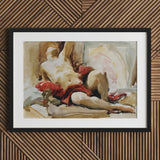 Man with Red Drapery - John Singer Sargent Art Print / Canvas Black-framed Watercolor Painting Nude Figure Fabric Wooden, Announces,