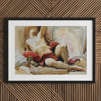 Man with Red Drapery - John Singer Sargent Art Print / Canvas Black-framed Watercolor Painting Nude Figure Fabric Wooden, Announces,