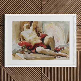 Man with Red Drapery - John Singer Sargent Art Print / Canvas Watercolor Painting Nude Figure Fabric Framed White, Announces, Post-1900