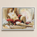 Man with Red Drapery - John Singer Sargent Art Print / Canvas Watercolor Painting White Frame Nude Figure Fabric, Announces, Post-1900 Male