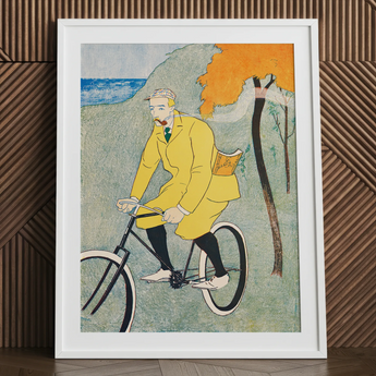 Man Riding Bicycle - Edward Penfield Art Print / Canvas, 24x32’’ / 61x81cm / White Frame / Matboard, Posters Prints & Visual Artwork, Toby