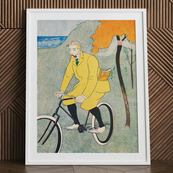 Man Riding Bicycle - Edward Penfield Art Print / Canvas Framed Bright Yellow Coat, Penfield’s, Gay Nineties Mid-pedal, Chrome-yellow