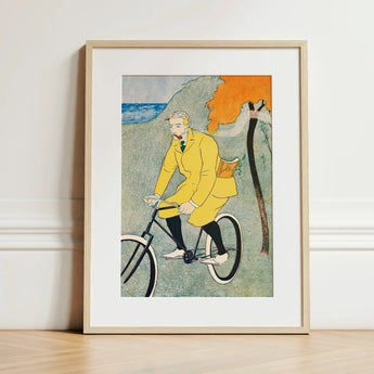 Man Riding Bicycle - Edward Penfield Art Print / Canvas Framed Stylized Illustration Bright Yellow, Penfield’s, Gay Nineties Mid-pedal,
