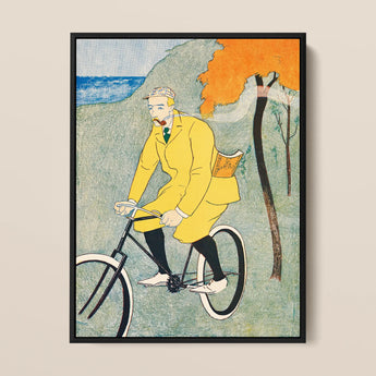 Man Riding Bicycle - Edward Penfield Art Print / Canvas Framed Yellow Coat Set, Penfield’s, Gay Nineties Mid-pedal, Chrome-yellow Overcoat