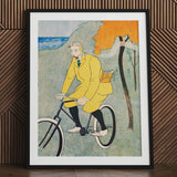 Man Riding Bicycle - Edward Penfield Art Print / Canvas Framed Yellow Coat Set, Penfield’s, Gay Nineties Mid-pedal, Chrome-yellow Overcoat
