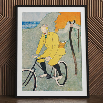Man Riding Bicycle - Edward Penfield Art Print / Canvas Framed Yellow Coat Set, Penfield’s, Gay Nineties Mid-pedal, Chrome-yellow Overcoat