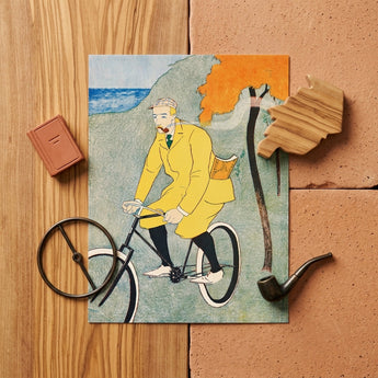 Man Riding Bicycle - Edward Penfield Art Print / Canvas Vibrant Yellow Trench Coat Illustration Green Tie, Penfield’s, Gay Nineties