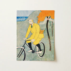Man Riding Bicycle - Edward Penfield Art Print / Canvas Vintage-style Illustration Bright Yellow Coat, Penfield’s, Gay Nineties Mid-pedal,
