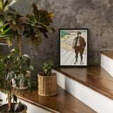 Man Smoking a Pipe - Edward Penfield Art Print / Canvas Black-framed Artwork Brown Coat Hat Wooden Deck, Flat Color, Penfield’s, Studied