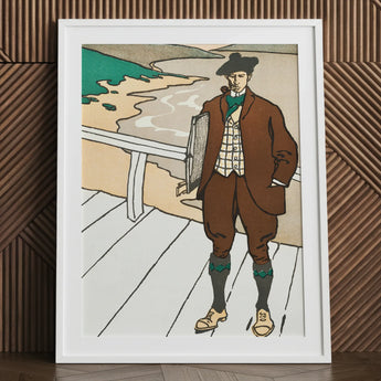 Man Smoking a Pipe - Edward Penfield Art Print / Canvas Framed Nouveau-style Brown Attire Green, Flat Color, Penfield’s, Studied Rural