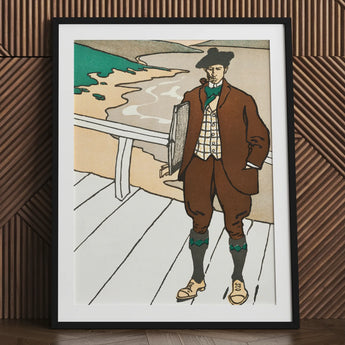 Man Smoking a Pipe - Edward Penfield Art Print / Canvas Framed Stylized Illustration Brown Attire, Flat Color, Penfield’s, Studied Rural
