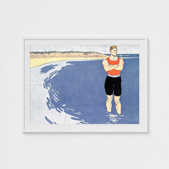 Man Standing in the Sea - Edward Penfield Art Print / Canvas, Penfield’s, Vermilion-red Vest Blazing, Flat Slate-blue Water, Understood