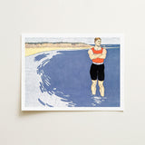Man Standing in the Sea - Edward Penfield Art Print / Canvas, Penfield’s, Vermilion-red Vest Blazing, Flat Slate-blue Water, Understood