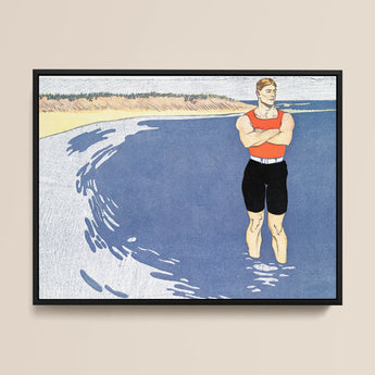 Man Standing in the Sea - Edward Penfield Art Print / Canvas Framed Artwork Muscular Orange Tank Black Shorts, Penfield’s, Vermilion-red
