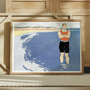 Man Standing in the Sea - Edward Penfield Art Print / Canvas Framed Artwork Muscular Orange Tank Black Shorts, Penfield’s, Vermilion-red