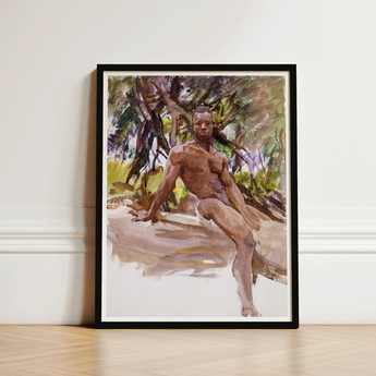 Framed Watercolor Painting Muscular Man Outdoors Rendered Earthy John Singer Sargent, Nude, Art