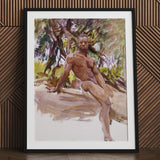 Man and Trees - John Singer Sargent Art Print / Canvas Framed Watercolor Painting Muscular Outdoors Rendered Earthy, Nude, Prints