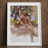 Man and Trees - John Singer Sargent Art Print / Canvas White-framed Watercolor Painting Muscular Outdoors, Nude, Prints