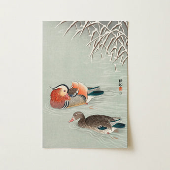 Traditional Japanese Woodblock Print Two Ducks Vibrant Orange Ohara Koson, Mandarin, Art, Rust-orange Ruff Flares