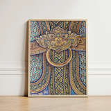 Framed Artwork Intricate Golden Blue Traditional Thai-inspired Patterns Thailand’s Mystical Realm, Hypnotic Thai Fresco