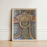 Framed Artwork Ornate Golden Lion-head Door Knocker Design Thailand’s Mystical Realm, Hypnotic Thai Fresco, Traditional