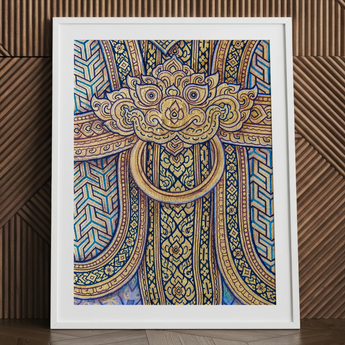 Man’s Best Friend - Traditional Thai Fresco Art Print / Canvas Framed Artwork Ornate Golden Blue Patterned Door Knocker Thailand’s Mystical
