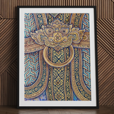 Man’s Best Friend - Traditional Thai Fresco Art Print / Canvas Framed Artwork Ornate Golden Door Knocker Intricate Blue Thailand’s Mystical