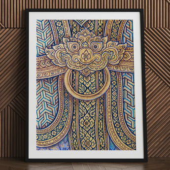 Man’s Best Friend - Traditional Thai Fresco Art Print / Canvas Framed Artwork Ornate Golden Door Knocker Intricate Blue Thailand’s Mystical