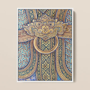 Man’s Best Friend - Traditional Thai Fresco Art Print / Canvas Framed Artwork Ornate Golden Lion-head Door Knocker Intricate Thailand’s