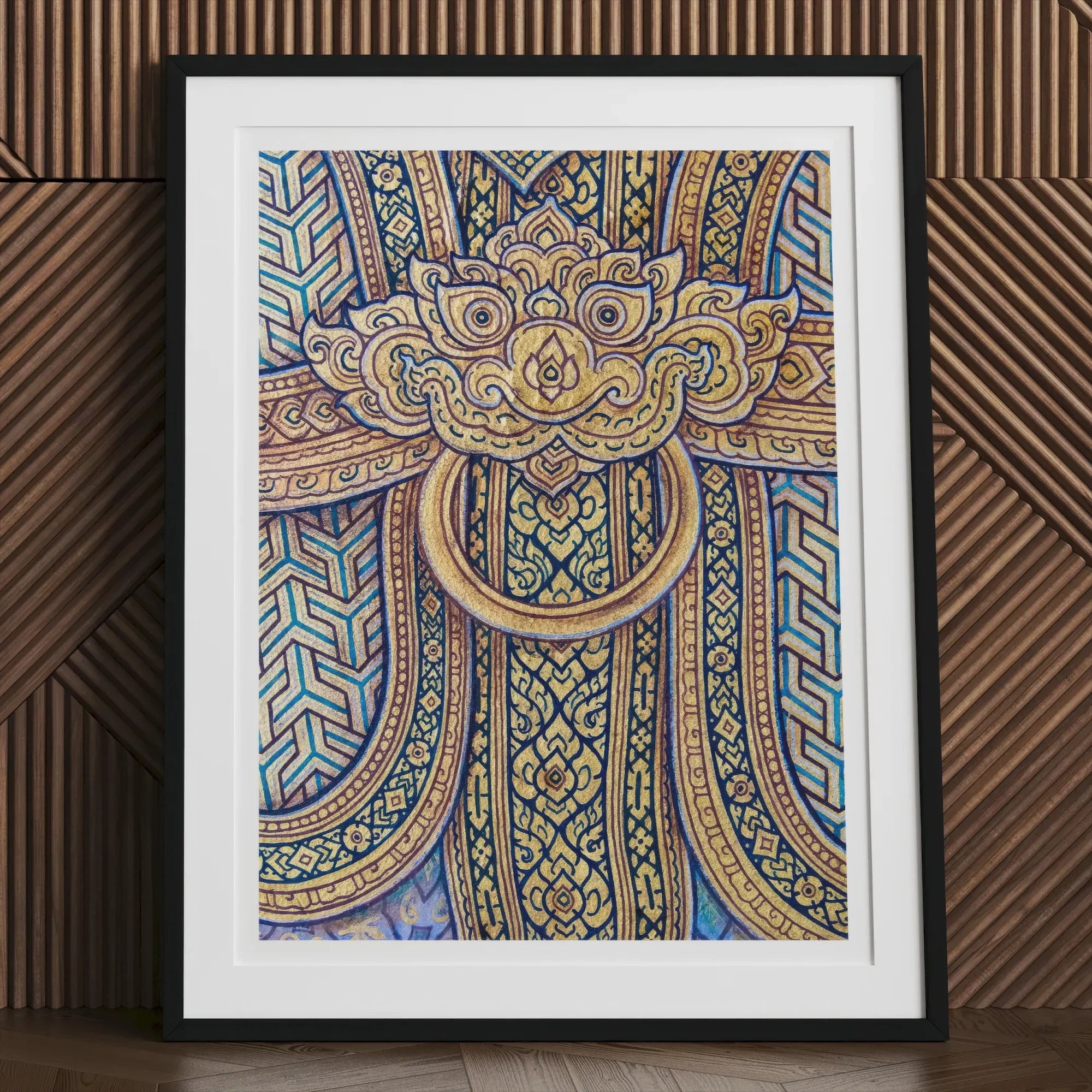 Man’s Best Friend - Traditional Thai Fresco Art Print, Framed Artwork Intricate Colorful Thai-style Mythical Creature Face