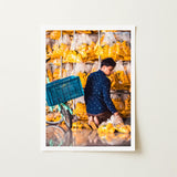 Marigolden - Bkk Flower Market Marigolds Art Print / Canvas Framed Photograph Man Navy Blue Patterned Shirt Shelves Pak Khlong Talat’s,