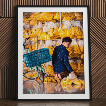 Marigolden - Bkk Flower Market Marigolds Art Print / Canvas Black-framed Photograph Vibrant Market Scene Yellow Packaged Produce Pak Khlong