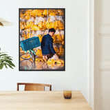 Marigolden - Bkk Flower Market Marigolds Art Print / Canvas Framed Photograph Man Blue Patterned Shirt Shelves Yellow Pak Khlong Talat’s,