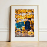Marigolden - Bkk Flower Market Marigolds Art Print / Canvas Framed Photograph Man Dark Blue Patterned Jacket Yellow Pak Khlong Talat’s,