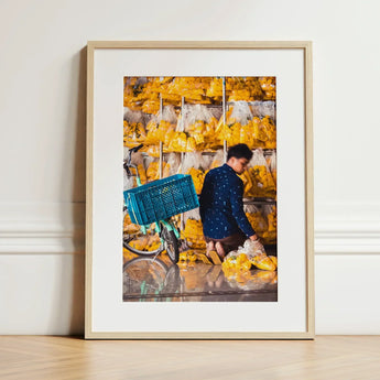 Marigolden - Bkk Flower Market Marigolds Art Print / Canvas Framed Photograph Man Dark Blue Patterned Jacket Yellow Pak Khlong Talat’s,