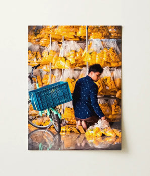 Vibrant Photographic Print Man Navy Blue Patterned Shirt Pak Khlong Talat’s, Bangkok Flower Market, Pulsating Core