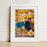 Marigolden - Bkk Flower Market Marigolds Art Print / Canvas White-framed Man Navy Blue Patterned Shirt Pak Khlong Talat’s, Bangkok,