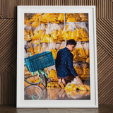 Marigolden - Bkk Flower Market Marigolds Art Print / Canvas White Framed Photographic Print Man Blue Patterned Shirt Pak Khlong Talat’s,