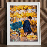 Marigolden - Bkk Flower Market Marigolds Art Print / Canvas White Framed Photographic Man Blue Patterned Shirt Pak Khlong Talat’s, Bangkok,