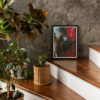 Marius - Gay African American Vampire Art Print / Canvas Framed Abstract Artwork Wooden Surface Surrounded Potted Plants, Steps Forward,