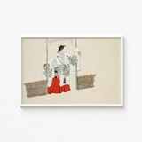 Framed Illustration Traditional Japanese Figure White Red Attire Kamisaka Sekka, Meiji-era Artistic Revolution, Meiji Kabuki Art